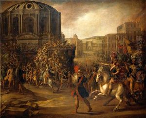 A Battle Scene With A Roman Army Besieging A Large City by Juan de LaCorte