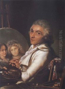 The Artist, Palette And Brush In Hand, Painting An Oval Portrait Of A Lady And Her Daughter