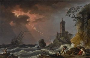 Ships In A Stormy Sea Off A Rocky Coast