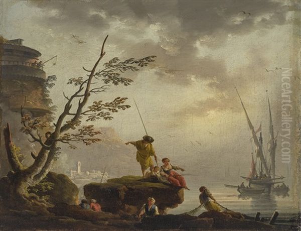 A Harbor View At Dawn With Fisherfolk - view 1