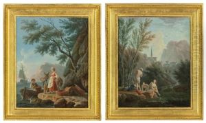 A Mountainous River Landscape With Women Bathing; And A Coastal Landscape With Fishermen Unloading Their Catch (2)