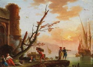 A Mediterranean Port At Sunrise by Charles Francois Lacroix