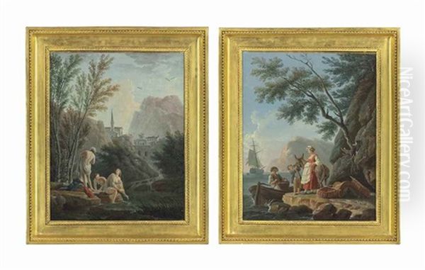 A Mountainous River Landscape With Women Bathing; And A Coastal Landscape With Fishermen Unloading Their Catch - view 1