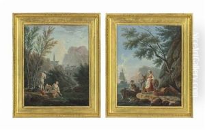 A Mountainous River Landscape With Women Bathing; And A Coastal Landscape With Fishermen Unloading Their Catch by Charles Francois Lacroix