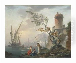 A Mediterranean Seaport With Figures By A Fortified Tower And A Ship At Anchor, A Mountain Beyond