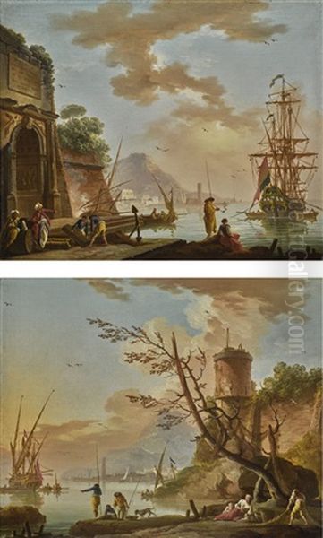 A Mediterranean Port With Turbaned Figures Beneath A Roman Arch, A Man-o'-war At Anchor Beyond; A Mediterranean Port With Fishermen By The Shore And Hauling Nets - view 1
