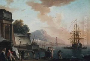 A Mediterranean Harbour Scene At Sunset, With Figures Smoking And Conversing In The Foreground And An Anchored Ship Beyond A Mediterranean Harbour Scene At Sunset, With Figures Smoking And Conversing In The Foreground And An Anchored Ship Beyond