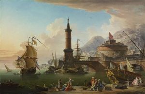 View Of A Mediterranean Seaport At Dusk, With Fishermen And Elegant Figures Gathered Along The Harbor As A Ship Pulls In