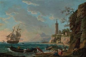 A Mediterranean Coastal Landscape With A Lighthouse, Ship, Smaller Boats And Figures
