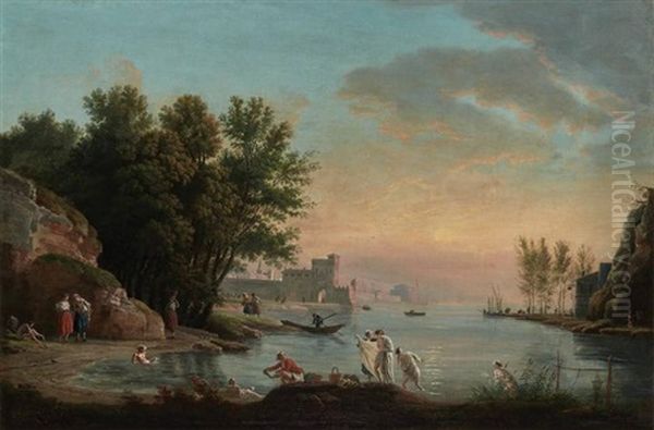 Bathers In A Mediterranean Coastal Landscape At Sunset - view 1