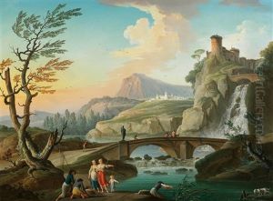 A Rocky River Landscape With Figures And A Bridge Before A Waterfall by Charles Francois Lacroix