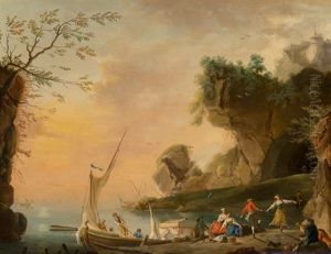 A Mediterranean Coastal Landscape With Boats And Figures by Charles Francois Lacroix