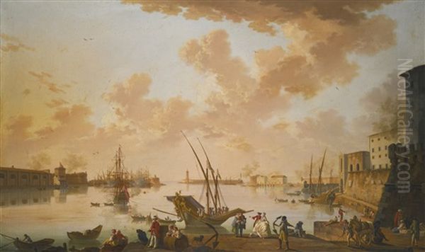 View Of Civitavecchia, 'port Of Rome', With Boats In The Harbour And Figures On The Quay - view 1