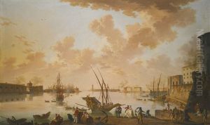 View Of Civitavecchia, 'port Of Rome', With Boats In The Harbour And Figures On The Quay