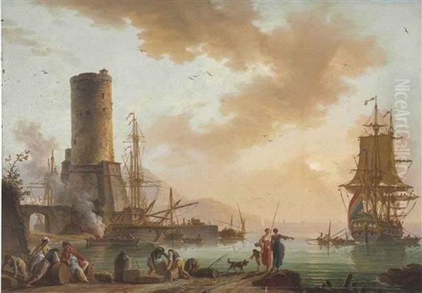 A Mediterranean Port With A Fortified Tower And An Anchored Ship, Ladies And Merchants In The Foreground - view 1