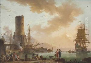 A Mediterranean Port With A Fortified Tower And An Anchored Ship, Ladies And Merchants In The Foreground by Charles Francois Lacroix