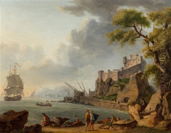 Pair Of Works: Coastal Landscapes With Mountain And Figures - view 1