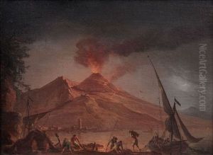 Eruption Du Vesuve De Nuit Sur Un Rivage