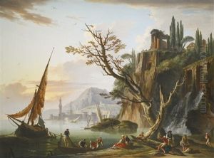 A Coastal Landscape At Sunset, With Fishermen Mooring Their Boats And Figures On The Shore