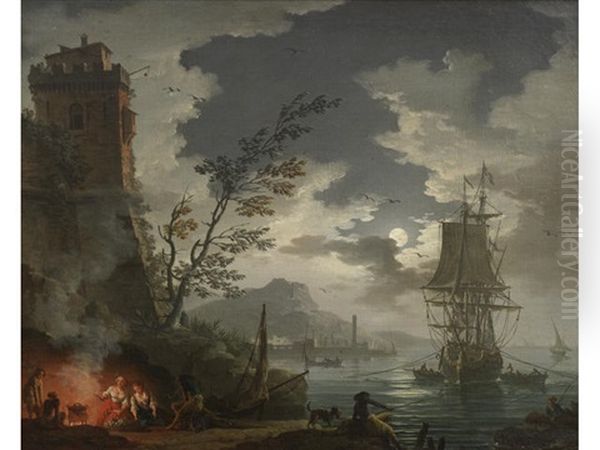 A Moonlit Mediterranean Sea Port With Figures Surrounding A Fire - view 1