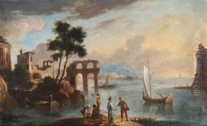 Mittelmeerhafen Mit Ruinen Und Festung Im Abendlicht