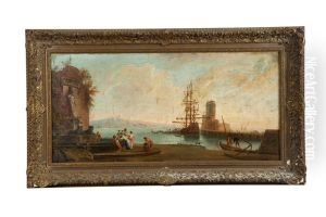 Fisherfolk In A Harbor At Dawn by Charles Francois Lacroix