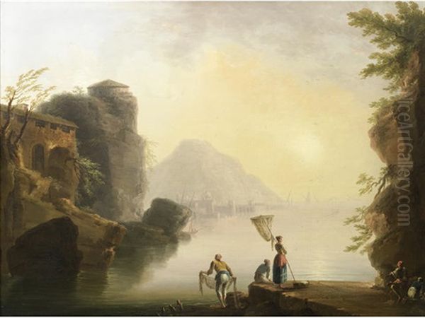 Figures Fishing In A Mediterranean Harbour At Sunset - view 1