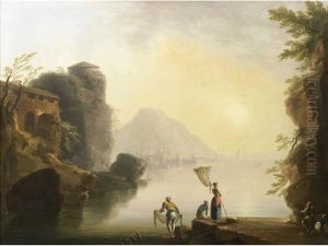 Figures Fishing In A Mediterranean Harbour At Sunset by Charles Francois Lacroix