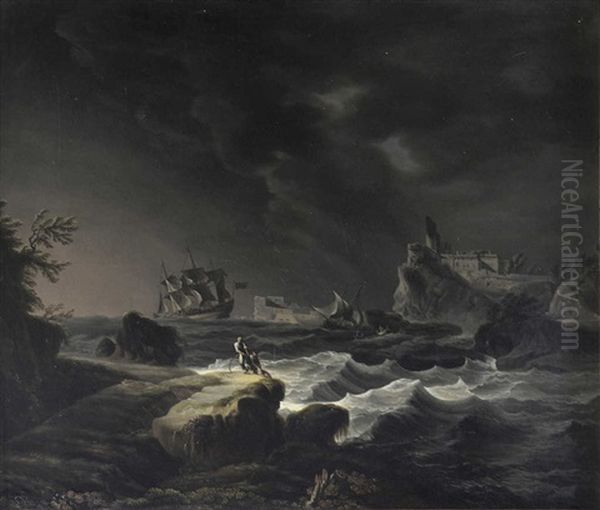 Marine, Scene De Tempete Pres Des Cotes - view 1