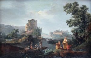 Paysage A La Riviere Avec Pecheurs Et Villageois