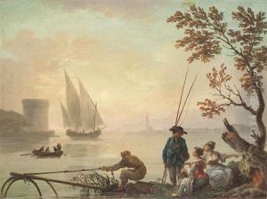 A Mediterranean Coastal Landscape At Sunset, With Fishermen And Women Conversing In The Foreground A Mediterranean Coastal Landscape At Sunset, With Fishermen And Women Conversing In The Foreground