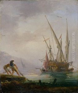 Pecheurs Remontant Les Filets Devant Un Galion by Charles Francois Lacroix