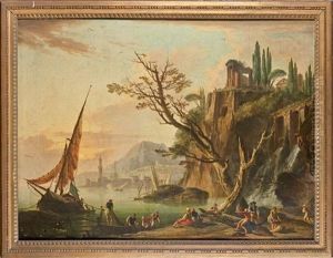 Pecheurs Amarrant Un Bateau Dans Un Port Avec Le Temple De La Sibylle A Tivoli