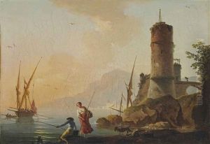 Couple De Pecheurs Sur Un Rivage Au Soleil Couchant by Charles Francois Lacroix