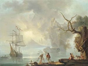 A Mediterranean Harbour Scene With Fishermen Pulling In Their Nets, Peasants Seated On A Shore, An Anchored Ship Beyond by Charles Francois Lacroix