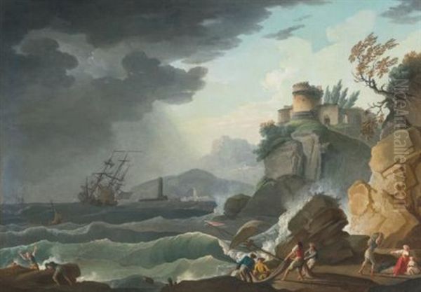 A Storm At Sea With Figures Being Rescued Along A Rocky Shore - view 1