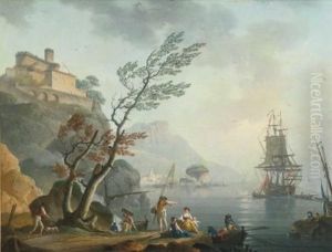 Fishermen Along A Rocky Shore With A Castle Above On A Promontory And Shipping In A Calm Sea Beyond