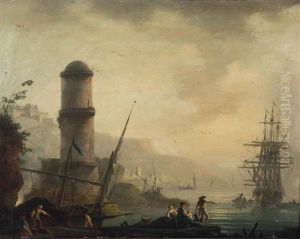 Fisherfolk In A Harbor With A Lighthouse At Dawn