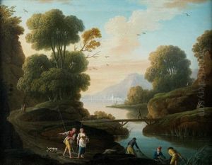 Pecheurs Dans Un Paysage Lacustre Et Montagneux Pecheurs Dans Un Paysage Lacustre Et Montagneux