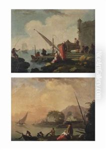 A Mediterranean Harbour With An Elegant Company And Fishermen And An Italianate Coastal Landscape With Fishermen On The Shore (pair) by Charles Francois Lacroix
