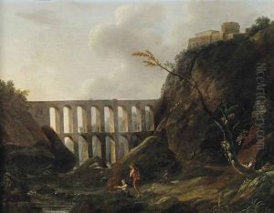 An Italianate Landscape With An Aqueduct And Figures By A Stream by Charles Francois Lacroix