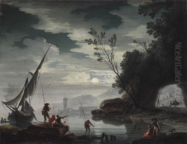 Sudliche Kustenlandschaft Mit Fischern Im Mondlicht - view 1