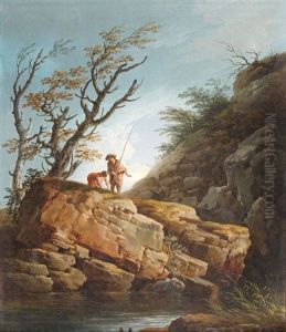 Pecheur Sur Un Rocher (+ Promeneurs Dans Un Paysage Avec Une Cascade; Pair)