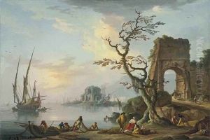 A Coastal Landscape With Fishermen Unloading Boats, A Capriccio Of The Arch Of Titus