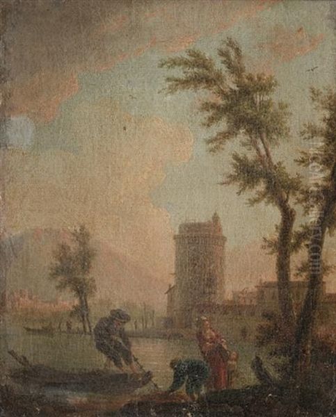 Fishermen Returning From Their Catch, Before A Mediterranean Coastal Landscape, With A City In The Distance - view 1