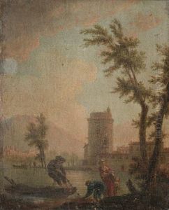 Fishermen Returning From Their Catch, Before A Mediterranean Coastal Landscape, With A City In The Distance by Charles Francois Lacroix