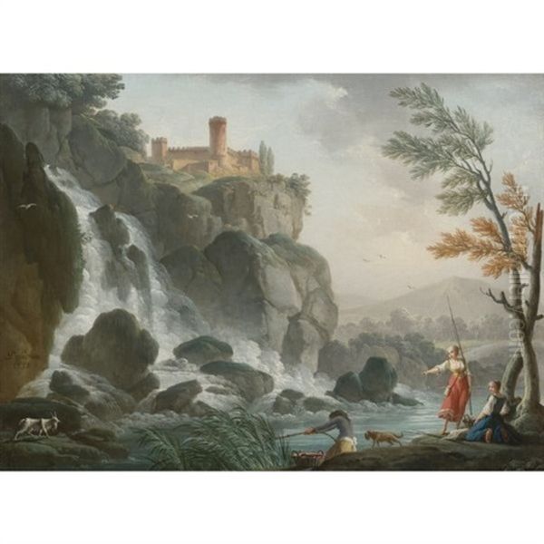 Fishing At The Edge Of A River With A Waterfall, Below A Castle - view 1