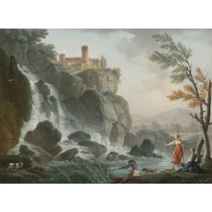 Fishing At The Edge Of A River With A Waterfall, Below A Castle by Charles Francois Lacroix