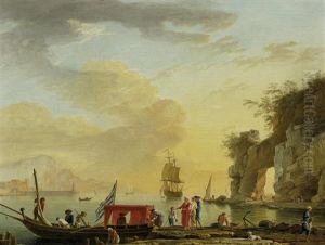 Italienische Hafenszene Bei Sonnenuntergang by Charles Francois Lacroix