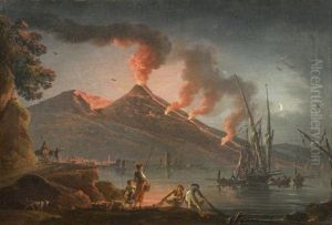 Eruption Du Vesuve De Nuit Sur Un Rivage (+ Littoral Mediterraneen Anime De Personnages; 2 Works)